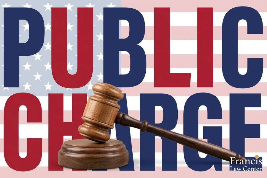 An illustration symbolizing immigration law documents and an American flag, representing the complexities of public charge rules and visa applications.